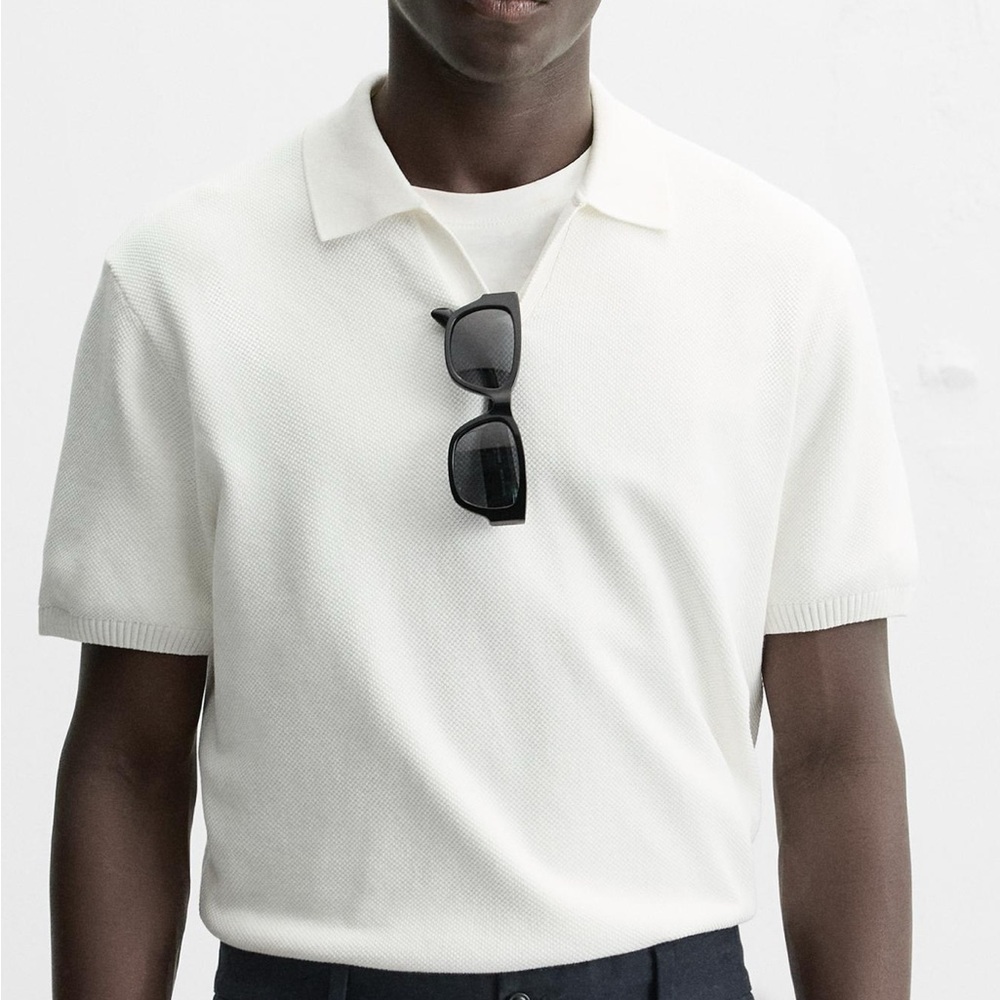 NWT Zara Men Textured Knit Polo Shirt M Ecru